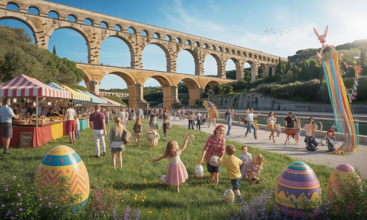célébrez pâques 2026 au pont du gard avec un festival d'arts de rue spectaculaire, une grande chasse aux œufs pour toute la famille et un marché gourmand mettant à l'honneur les saveurs du terroir.