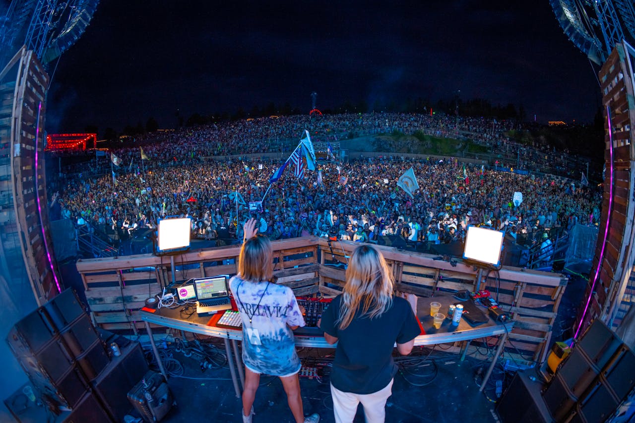 process-img DJ performing at a packed outdoor music festival at night with a vibrant crowd.